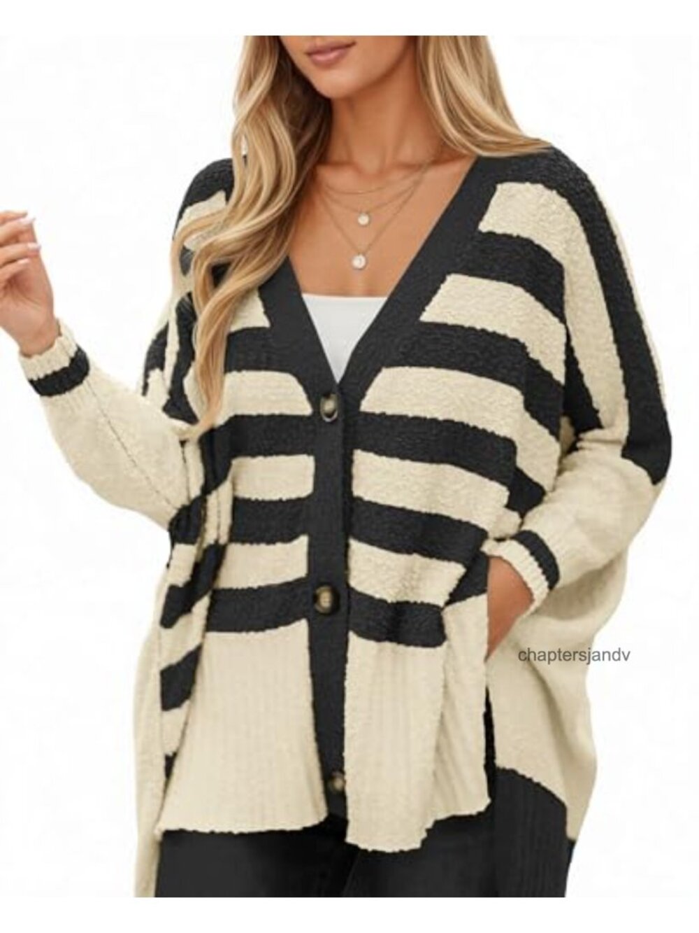 Oversized Fuzzy Knit Striped Cardigan Button Down V Neck Sweater